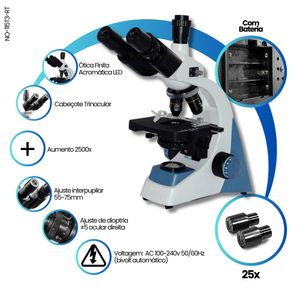 Microscopio Trinocular Otica Finita Acromatico Led Aumento 2500x C/ Bateria