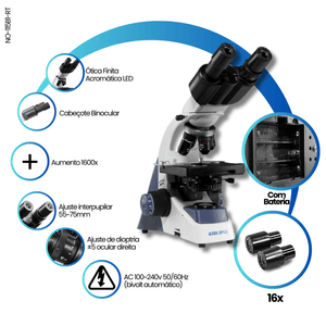 Microscopio Binocular Otica Finita Acromatico Led Aumento 1600x C/ Bateria
