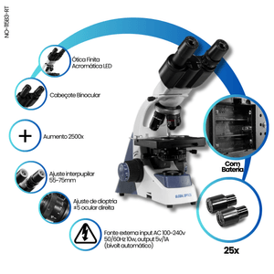 Microscopio Binocular Otica Finita Acromatico Led Aumento 2500x C/ Bateria