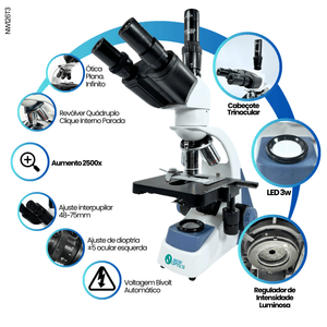 Microscopio Trinocular Otica Infinita Planacromatico Led 3W 2500x